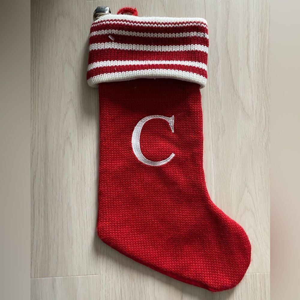 Sincerely Santa  Red-Cream Knit Stocking with Initial C